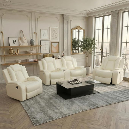 Power Recliner Sofa Set, Air Leather Reclining Couch with LED, Reclining Living Room Sofa and Loveseat Chair for House/Apartment/Office (Creamy White, LOVESEAT+2 Chairs)