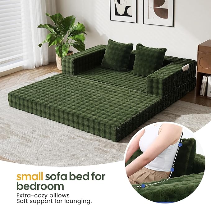 COMAX Futon Sofa Bed, 4‑in‑1 Convertible Sofa Bed, Folding Boneless Couches for Living Room, Fold Out Small Foldable Loveseat Floor Sleeper Comfy Mattress Lounge Space‑Saving, Classic Green