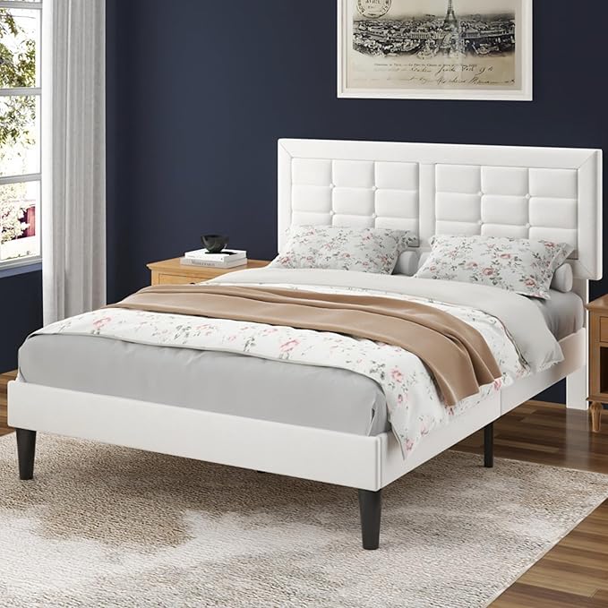VECELO Queen Size Bed Frame with Adjustable Headboard, Upholstered Button Tufted Platform Bedframe with Wood Slats Support, No Box Spring Needed, Linen & White