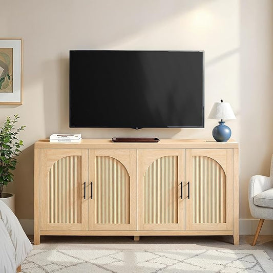 Walker Edison Sasha 4-Door Reeded Sideboard Buffet with Cord Management, 60 Inch, Coastal Oak