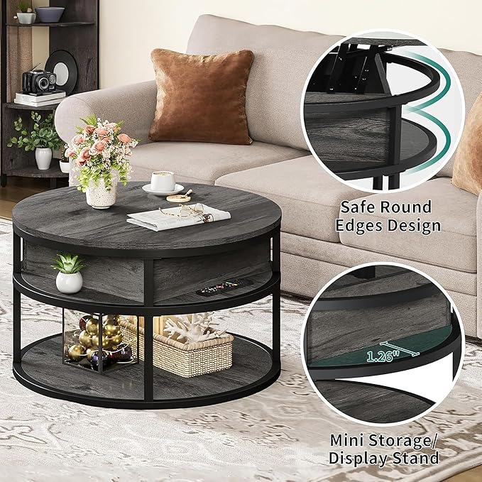 YITAHOME Round Lift Top Coffee Tables for Living Room, Farmhouse Coffee Table with Storage and Hidden Compartment, 2 Tier Modern Large Coffee Table Round Dining Table, Dark Grey