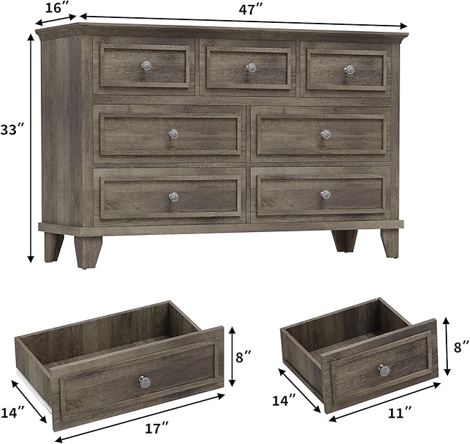 GAOMON Grey Dresser, 7 Drawer Dresser for Bedroom, 47" W Chest of Drawers with Deep Drawers, Closet Dressers with Metal Handle, Thickened Desktop, Wood Rustic Drawers for Hallway, Entryway, Closet