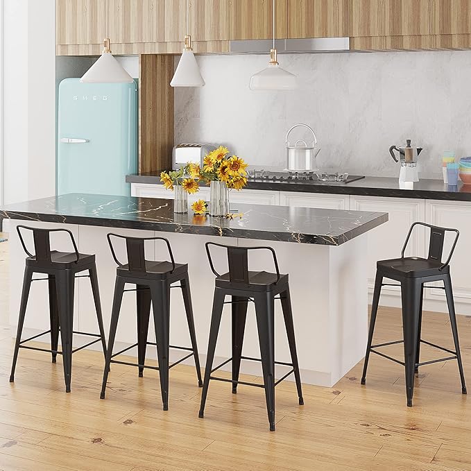 Tongli Metal Bar Stools Set of 4 Barstools Bar Height Bar Stools with Back Industrial Bar Stool Indoor Counter Stool Kitchen Island Stools Modern Bar Chair 30inch Matte Black