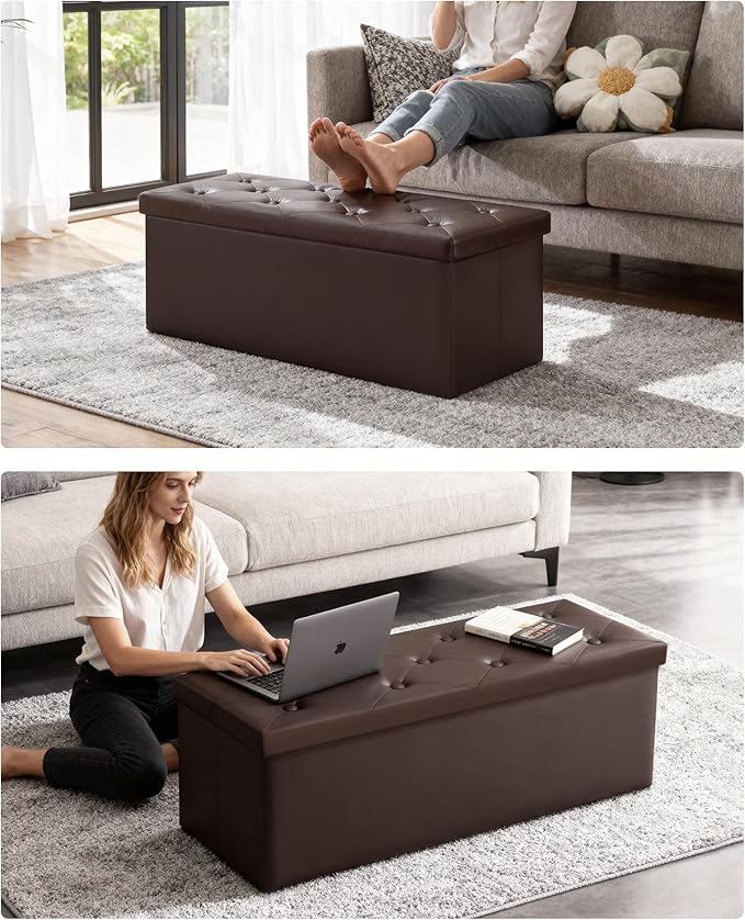 GLAXYFUR Storage Ottoman Bench, 43 Inches Folding Ottoman with 2 Dividers, PU Leather Foot Rest, End of Bed Bench, Storage Chest for Living Room, Bedroom and Entryway, Brown