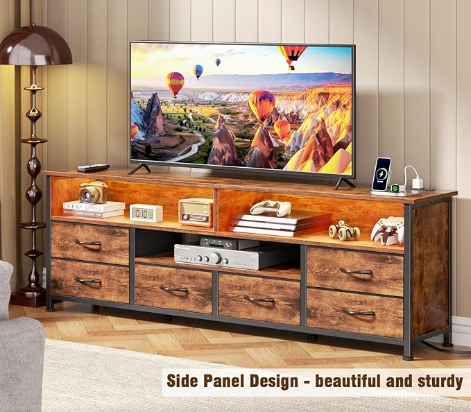 Furologee TV Stand for Bedroom, 63 Inch Entertainment Center for 65 70 Inch TVs, 6 Drawers Dresser with Power Outlets and LED Lights, Media Console for Living Room, Rustic Brown