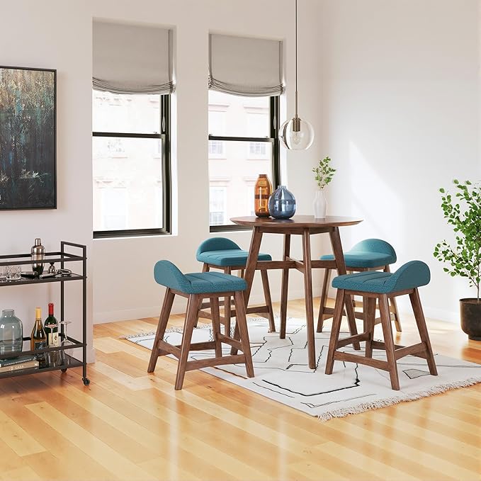 Signature Design by Ashley Lyncott Contemporary 24.25" Seat Height Counter Height Upholstered Bar Stool with Foam Cushion, 2 Count, Blue Fabric, Solid Hardwood Frame with Brown Finish