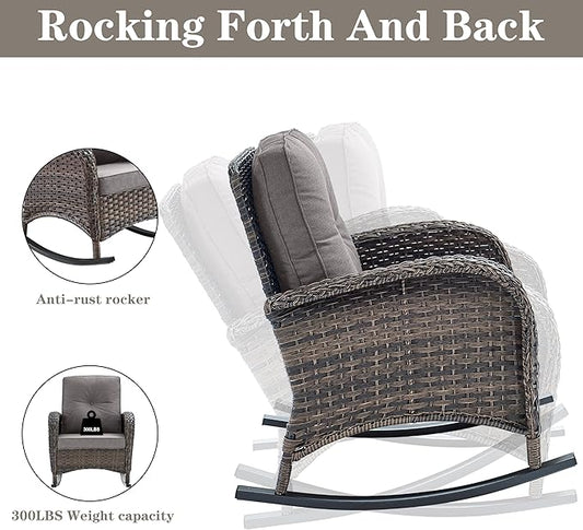 Belord Patio Wicker Furniture with Rocking Chairs Loveseat, 5 Piece Rattan Furniture Outdoor Table and Rocking Chairs Set for Patio Deck Porch Backyard Brwon/Grey