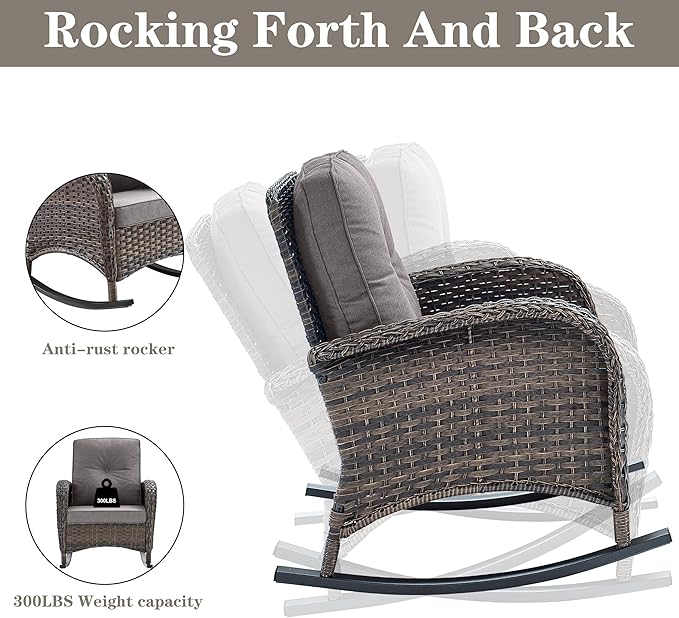 Belord 7 Piece Outdoor Patio Furniture Sets with Rocking Chairs, Wicker Loveseat Conversation Sets for Deck Patio Backyard Poolside, Grey Cushion