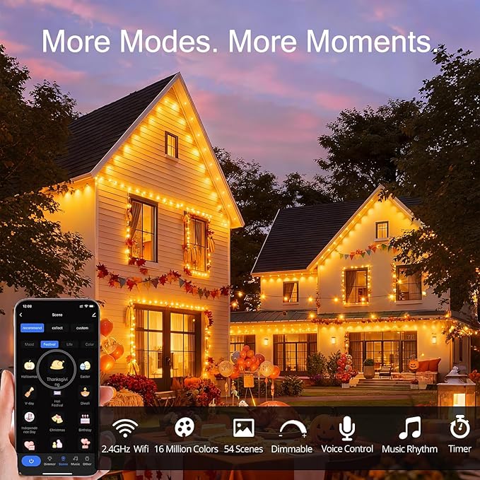 50FT Permanent Outdoor Light with 36 LED Lights, Smart RGB Color-Changing Eaves Lights, Waterproof Exterior Lights for House Trim, App Control, Perfect for Christmas,Holidays,Daily Lighting