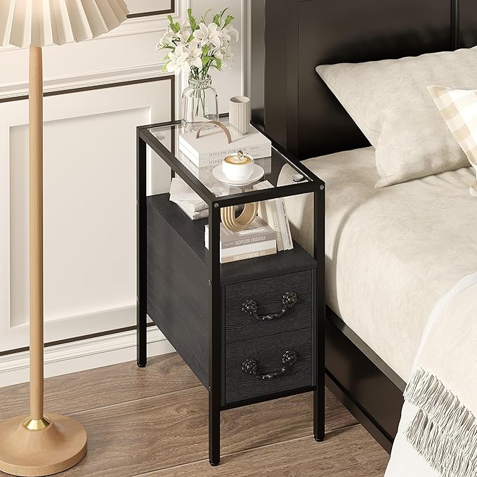 VECELO Narrow Side Table, Night Stand Sofa Table with Glass Top,Bedside End Tables with Storage Drawers,Wood Nightstand for Small Spaces Living Room Bedroom,Black