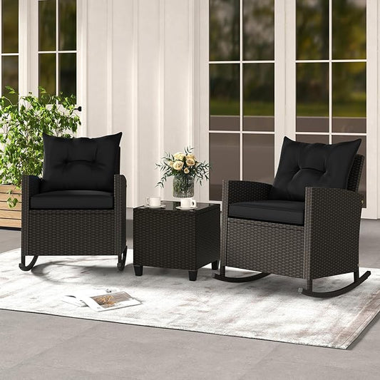 Tangkula 3 Piece Wicker Rocking Set, Patio Rattan Roker Chairs with Tempered Glass Table & Soft Cushions, Outdoor Furniture Set for Backyard, Poolside Porch (Black)
