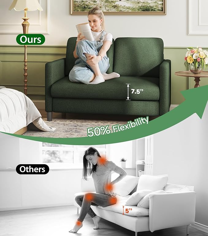 Welzona Loveseat, 51" Small Couch, Comfy Teddy Love Seat for Living Room, Tool-Free Setup Loveseat Sofa for Small Spaces, All-Wood Small Sofa Couch for Bedroom, No Pillow Included, Green