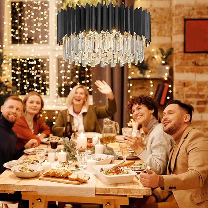 Black Crystal Chandelier 20'' K9 Crystal Round Pendant Lights Adjustable 4-Tier Large Modern Crystal Chandelier 6-Lights for Dining Room Living Room Kitchen Foyer Entryway