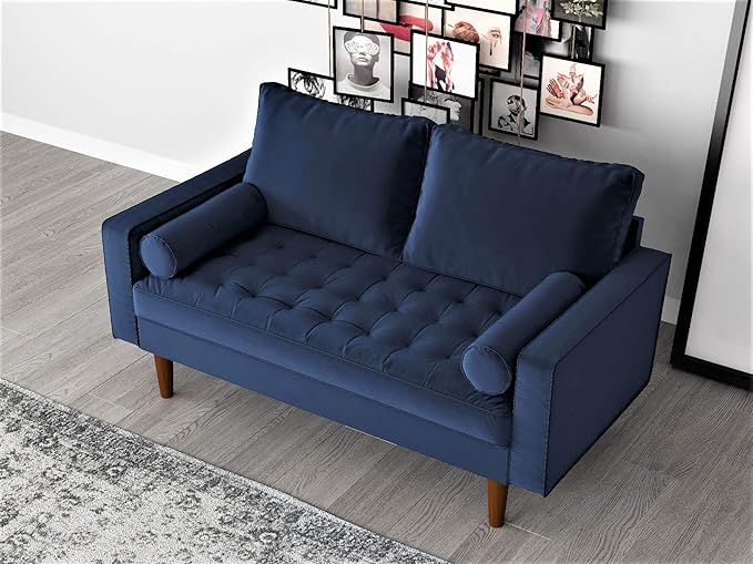 Container Furniture Direct Womble Modern Velvet Upholstered Living Room Diamond Tufted Chesterfield with Gleaming Nailheads, Loveseat, Sofa, Misty Blue