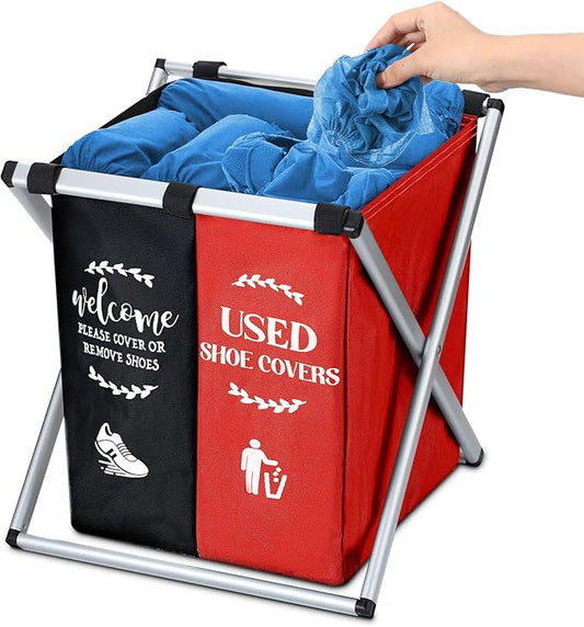 Foldable Disposable Shoe Cover Box Dispenser Fabric Storage Bin Holder with Used Shoe Covers and Welcome Please or Remove Sign for Open House Supplies(Black, Red)