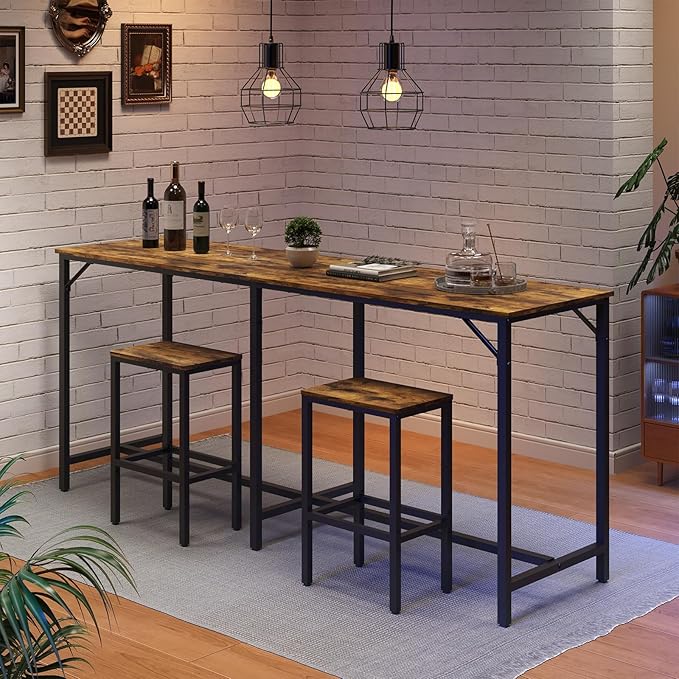 70.9" Bar Table and Chairs Set, Dining Table and Chair Sets, 3 Piece Counter Height Table and 2 Stools, Kithcen Table for Home Restaurant, Bar, Rustic Brown BT09BR