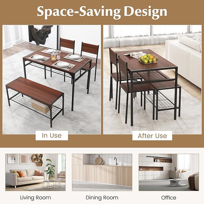 COSTWAY 4 Pieces Dining Table Set, Kitchen Table and 2 Chairs for 4 with Bench, Storage Racks, Metal Frame & Space-Saving Design, Industrial Kitchen Table Set for Small Space, Apartment (Walnut)