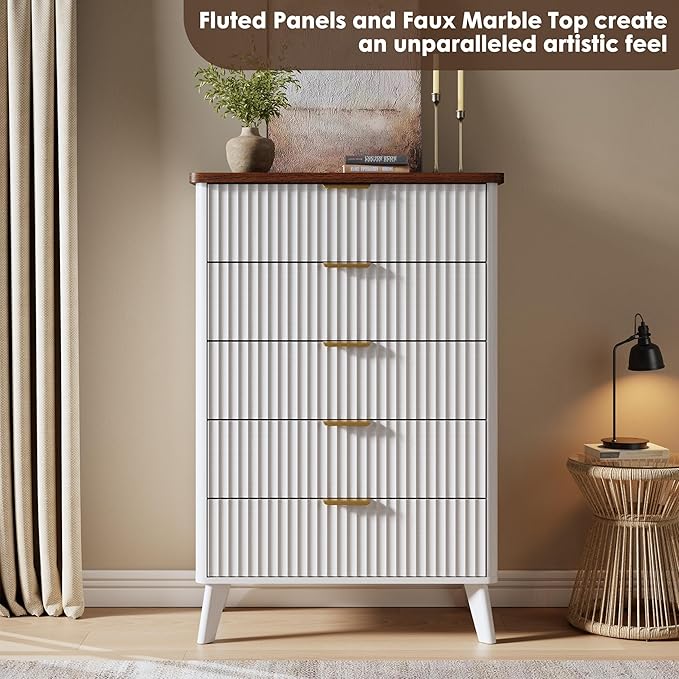 Garvee 5 Drawers Dresser for Bedroom, 47.2" Tall Dressers with Curved Profile Design, Fluted Wood Drawers with Gold Handle, Modern Chest of Dressers with Thickened Design for Living Room, White