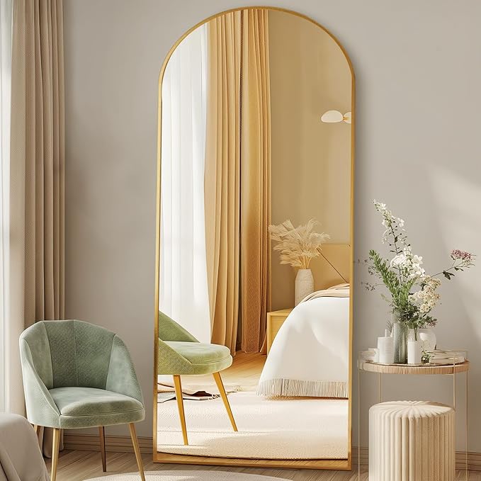 DUMOS Arched Full Length Mirror with Stand Floor Standing Aluminum Frame for Bedroom Body Hanging Leaning Modern Simple Home Decor Shatter-Proorf Nano Glass Wall Living Room Cloakroom Gold 58"x19"