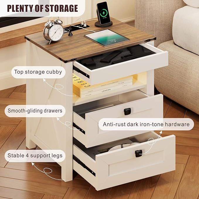 Night Stand Set 2 with Gun Drawer, Farmhouse Bedside Table with Charging Station, Gun Nightstand with LED Light & Human Sensor, Smart End Table for Bedroom, Antique White