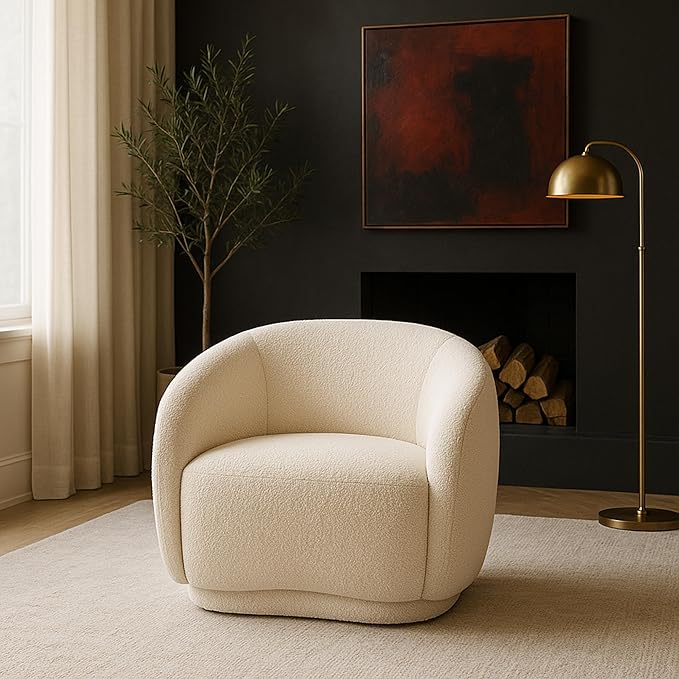 Meridian Furniture 693Cream-C Hyde Collection Modern | Contemporary Boucle Fabric Upholstered Accent Chair with Rounded Back, Cream, 42" W x 38" D x 27.5" H