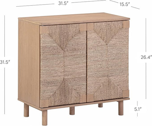 Nathan James Beacon Boho Accent Cabinet with Doors, Free Standing Kitchen Cabinet Storage with Adjustable Interior Shelf and Seagrass Accent, Seagrass/Raw Oak