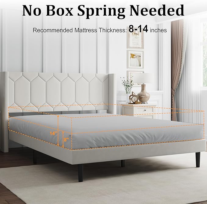 Queen Size Bed Frame with Headboard, Velvet Upholstered Platform Bed Frame No Box Spring Needed, Queen Sized Modern Bedframe with Strong Wooden Slats, Beige