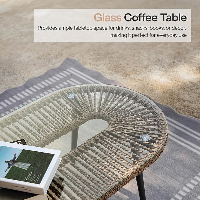 Tribesigns 4-Piece Outdoor Patio Furniture Set, Rattan Wicker Conversation Furniture Set with Removable Cushions and Glass Coffee Table for Garden, Pool, Porch, Balcony (Brown)
