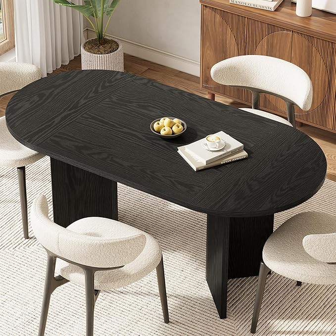 LITTLE TREE 63" Rustic Oval Dining Table for 4-6, Sturdy MDF Farmhouse Kitchen Table with Metal Strip Base, for Living Room, Office, Restaurant, Multi-Use, Black