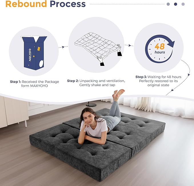 MAXYOYO Tri-Fold Mattress, 6 Inch Tufted Folding Mattress with Chenille Fabric, Portable Queen Size Floor Guest Mat for Adults, Foldable Topper for Camping, Dark Grey