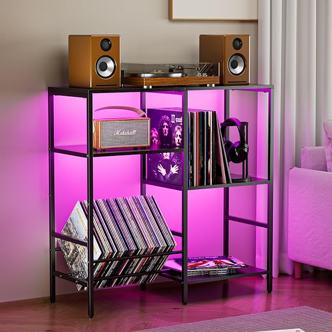 Record Player Stand with LED Light, Turntable Stand with Vinyl Storage - Up to 300+ Albums, 3-Tier Record Player Table Cabinet, Adjustable Shelf & V-Shaped Holder, Vinyl Display Shelf for Living Room