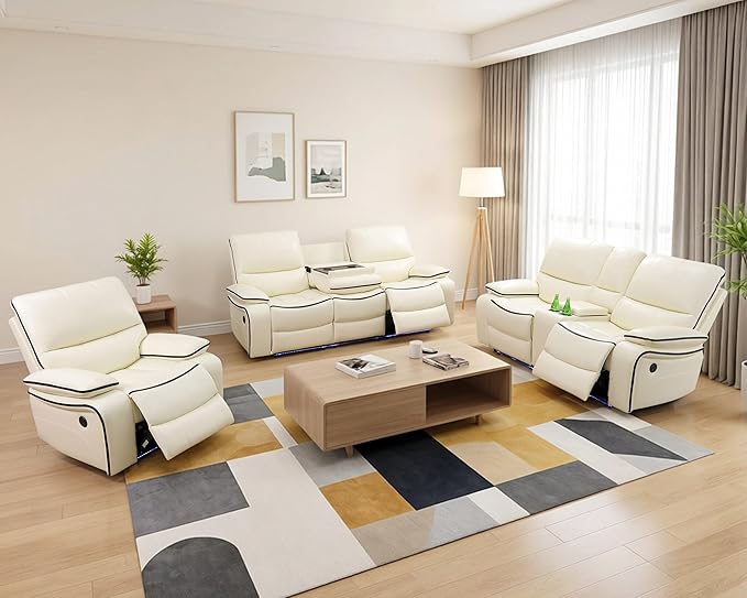 Power Recliner Sofa Set for Living Room, Breathing Leather Reclining Sofa with LED Lighting, Cup Holders, Storage Console&USB Port for Home Theater Seating (Off White)