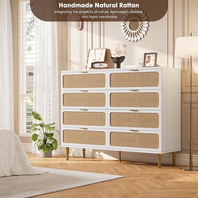 GarveeHome Rattan 8 Drawer Dressers for Bedroom, Tall Dresser with Deep Drawers, Large Chest of Drawers for Closet with Wide Top, Long Wooden Dresser for Living Room, Hallway, Kids Room, White