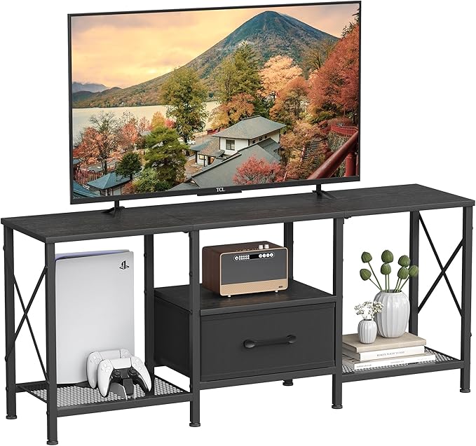TV Stand with Fabric Drawer, Entertainment Center for 50 55 Inch TV, Industrial TV Console Table with Open Storage Shelves for Living Room, Bedroom, Black