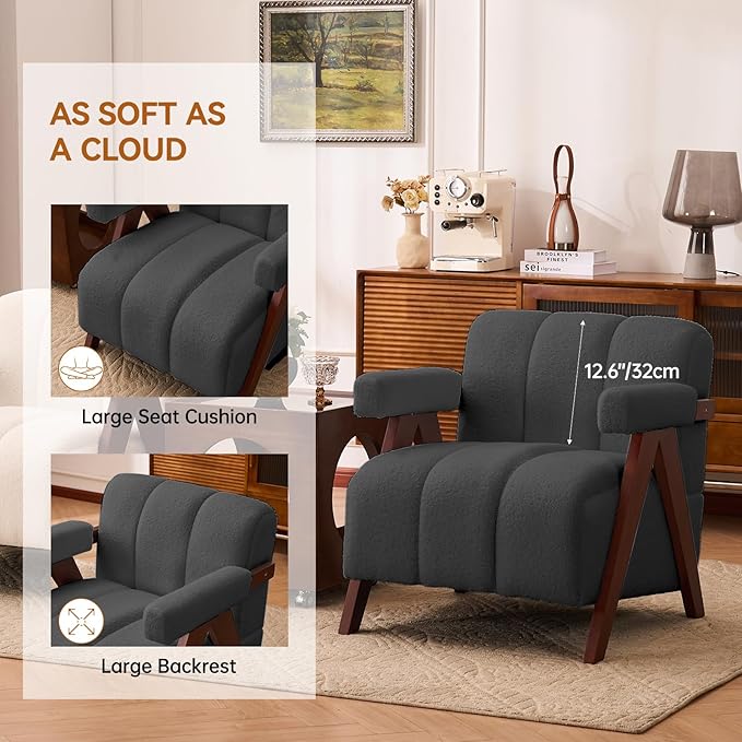 Accent Chairs Set of 2 Mid-Century Modern with Wide Backrest for Bedroom, Upholstered Living Room Chair with Wooden, Lounge Armchair with Thick Cushion, Cute Teddy Comfy Chair, Dark Grey
