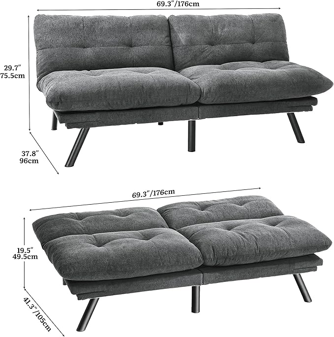 YITAHOME Convertible Futon Sofa Bed with Adjustable 3 Color Light Strip, 70" Folding Futon Set for Living Room Home Office Aprtment, Modern Futon Couch with Adjustable Backrest & Armrests, Grey