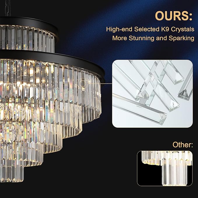 35" Large Black Crystals Chandelier 6-Tier Modern Crystal Chandeliers for High Ceiling Foyer K9 Crystal Chandelier with Adjustable Chain for Staircase Living Room Entryway Kitchen Master Bedroom