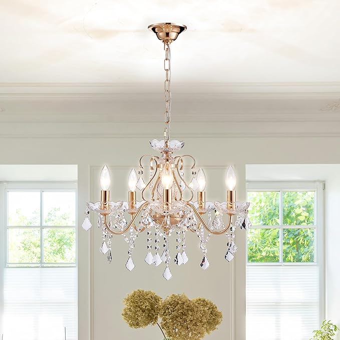 Saint Mossi 5 Light Crystal Chandelier Light Fixture, Modern Gold Crystal Pendant Light, French Gold Raindrop Chandelier for Dining Room, Bedroom,Living Room, H17 x D20