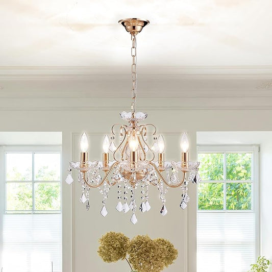 Saint Mossi 5 Light Crystal Chandelier Light Fixture, Modern Gold Crystal Pendant Light, French Gold Raindrop Chandelier for Dining Room, Bedroom,Living Room, H17 x D20