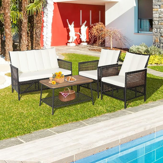 Tangkula 4 Pieces Patio Furniture Set, Outdoor PE Wicker Conversation Set with 2-Tier Coffee Table, Acacia Wood Tabletop & Extra Storage Shelf, Outdoor Furniture Sofa Set w/Cushions (1, Off White)