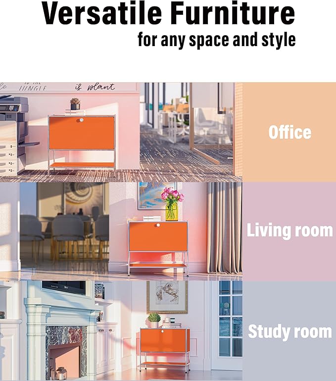 Metal Sidetable with Flap Door, 27.5" Height - DIY Modern Furnishing for Home, Office, Foyer, Bedroom - Night Stand, Book Shelf, Bookshelf, Cube Storage Organizer, Bedside Table (Orange)