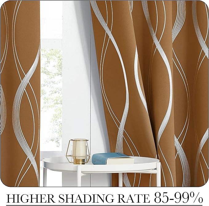 NICETOWN Blackout Gold Brown Kitchen Curtain 72 inch Long, Home Decoration Wave Line Foil Printed Design Drapes for Nursery and Baby Room, 2 Panels