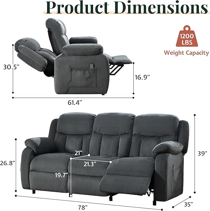 Jocisland Reclining Couch, Power Reclining Sofa with Dual Wingback, 3 Seater Recliner Sofa, Recliner Couches for Living Room(Dark Gray)