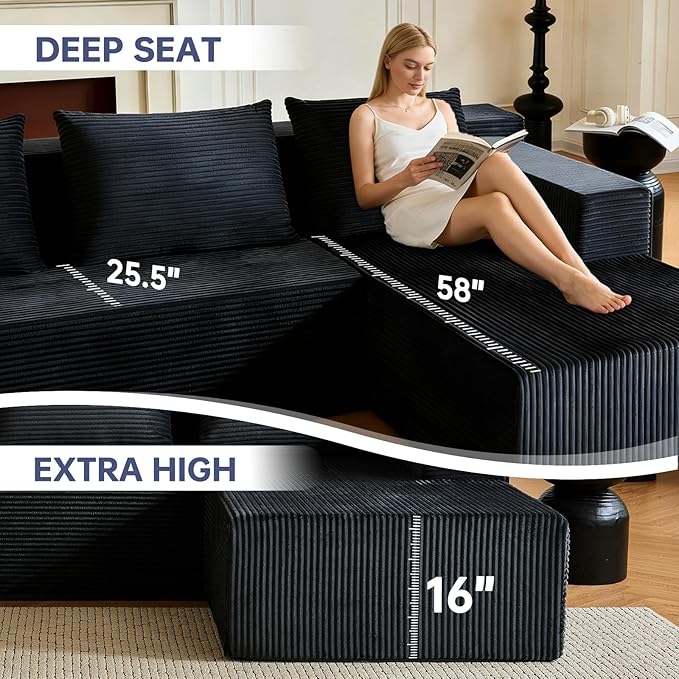 HonTop 103” L-Shaped Modular Sectional Sofa with Chaise, Boneless Comfy Corduroy Fluffy Couch with Deep Seat, Flexible Module Combination for Living Room, No Assembly, Black Right | Friendly Size, Flexible Modular, Family Pet-Friendly, Soft Corduroy, S...