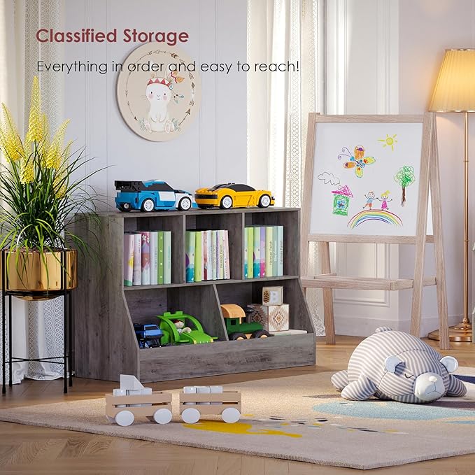 DINZI LVJ Toy Storage Organizer, Kids Bookshelf, Wood Toy Storage Cabinet, 5 Cubby Children Bookcase, 43.3" L Toddler Book Shelf for Playroom, Living Room, Nursery, Hallway, School, Gray Wash