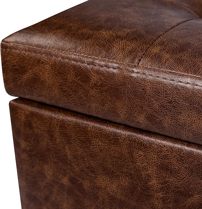 Adeco 18" Faux Leather Storage Ottoman with Hinged Lid, Mid-Century Modern Foot Rest Stool with Solid Wood Legs, Small Coffee Table & Shoe Bench for Living Room, Bedroom, Brown