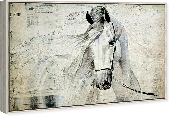 Country Farmhouse Canvas Print Painting Animal Wall Art 'Southern White Horse' Champagne Framed Canvas Rustic Home Décor 54x36 in Gray, Brown by Oliver Gal