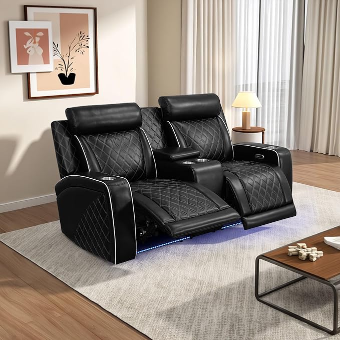 Power Recliner Sofa Set, Breathing Leather Reclining Couch Set, Leather Loveseat and 2 Recliner Chairs Set with LED Lights/Charging Ports/Storage for Home/Office (Black New, Loveseat+2 Chairs)