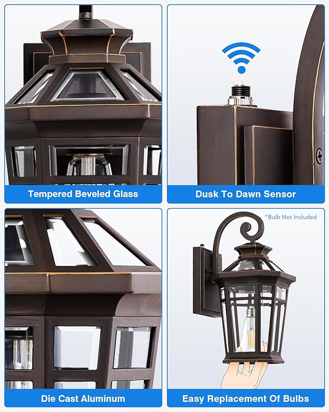 Outdoor Wall Lights Wall Mount, 2-Pack Front Porch Light Fixtures, Oil Rubbed Bronze Dusk to Dawn Exterior Lantern, Modern Patio Wall Sconce with Beveled Glass, Outside Garage Lights for Coach