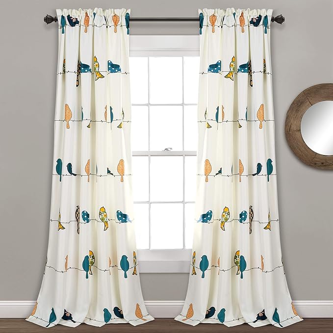 Lush Decor Rowley Birds Light Filtering Window Curtain Panels, Pair, 52" W x 84" L, Multi - Colorful Floral Print - Whimsical & Playful Bird Curtains For Bedroom, Living Room, Or Dining Room